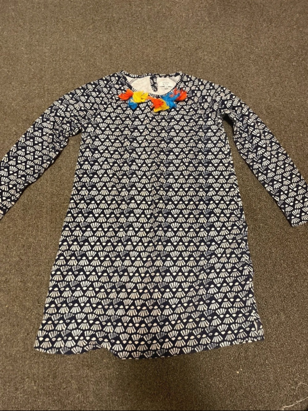 crown & ivy Navy and White Patterned Long Sleeve Dress with Multicolor Tassels
